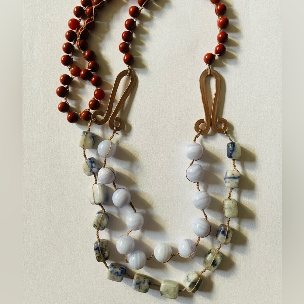 Handmade Red jasper, blue lace agate, and sodalite stone beaded Necklace on silk